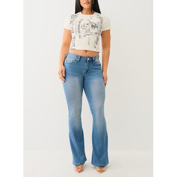 True Religion Terra Cotta Indigo Joey Terry Mid Rise Flare Flap Jeans Size 33 - Picture 9 of 9